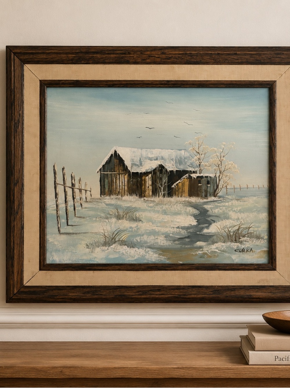 Vintage Winter Barn Original Oil Painting Landscape